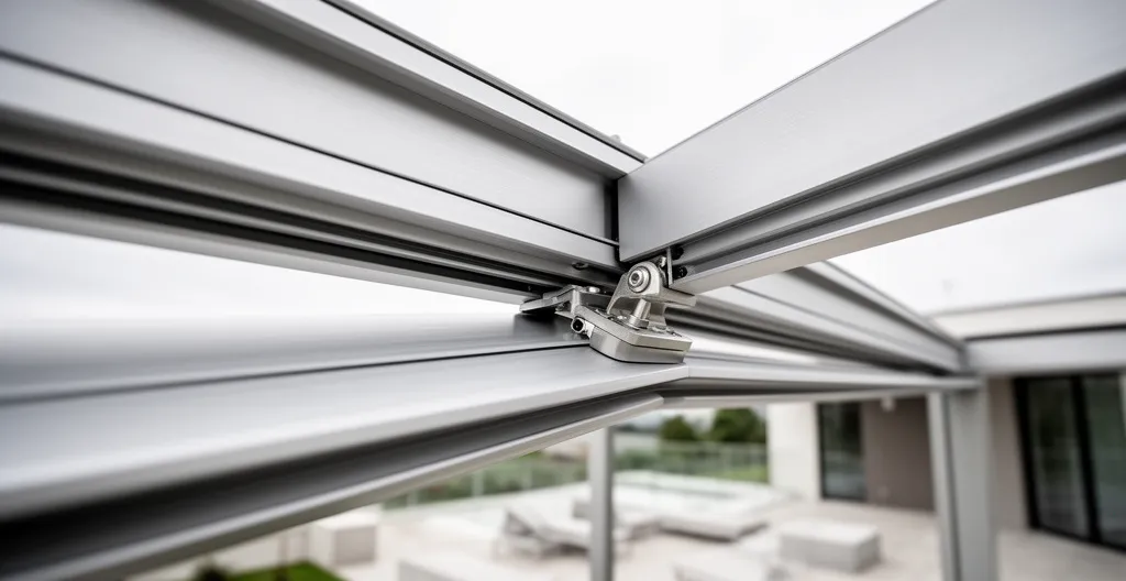 Detalle del mecanismo de lamas orientables de pérgola bioclimática en movimiento