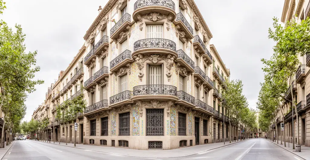 Calle típica del Eixample Barcelona con fachadas modernistas y chaflán característico