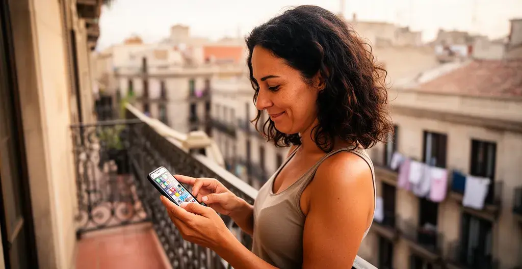 Mujer mediterránea consultando valoración inmobiliaria RealAdvisor en smartphone desde balcón barcelonés