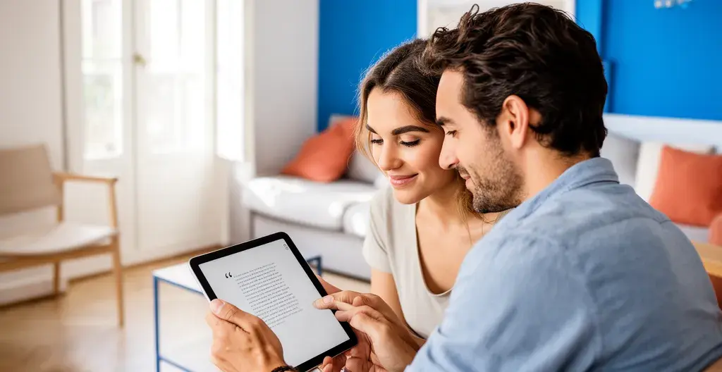 Pareja mediterránea consultando información inmobiliaria sobre precios vivienda Barcelona