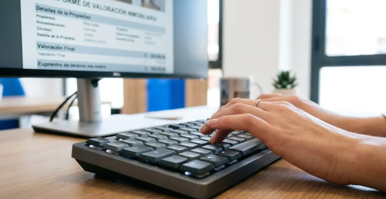 Primer plano de una mano tecleando en un teclado, con un formulario de valoración inmobiliaria difuminado en la pantalla al fondo