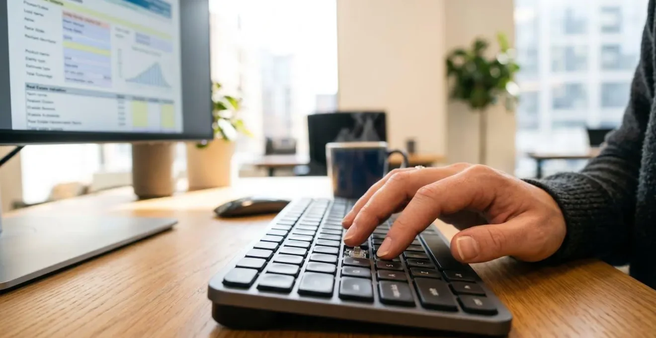 Primer plano de una mano tecleando en un teclado, con un formulario de valoración inmobiliaria difuminado en la pantalla al fondo