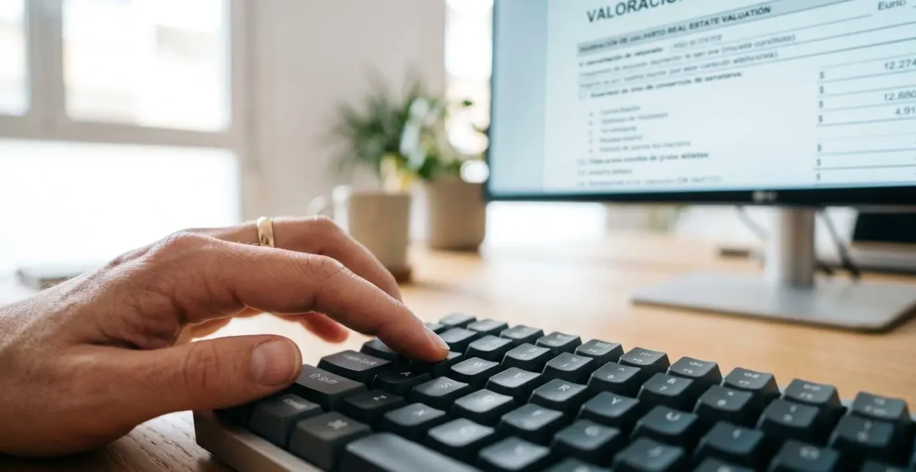 Primer plano de una mano tecleando en un teclado, con un formulario de valoración inmobiliaria difuminado en la pantalla al fondo