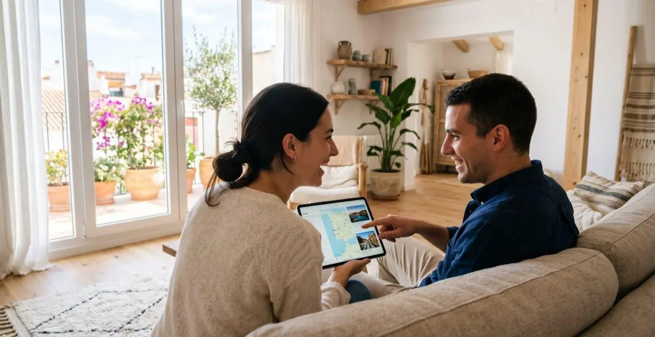 Una pareja joven consulta una tablet sentada en el sofá de un salón contemporáneo con luz natural