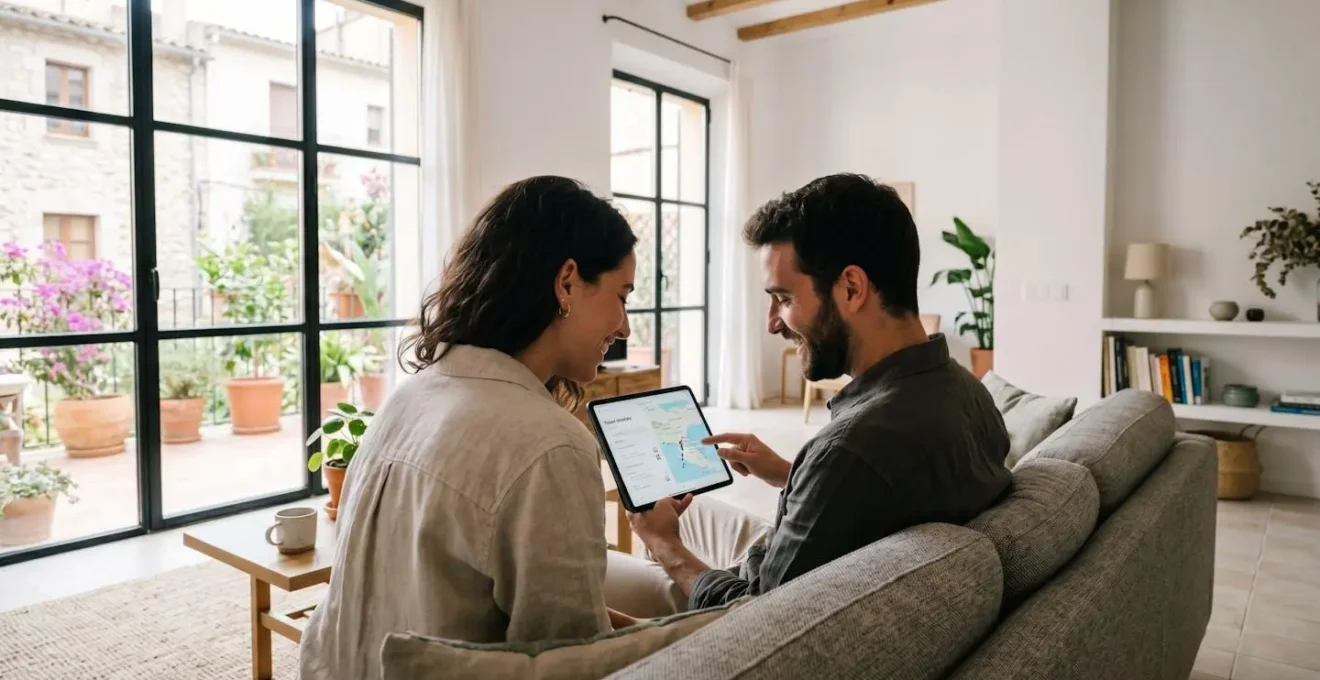 Una pareja joven consulta una tablet sentada en el sofá de un salón contemporáneo con luz natural