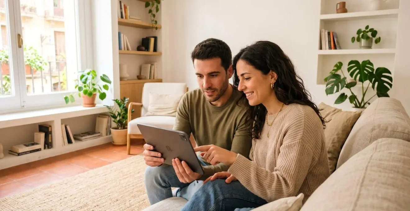 Una pareja joven consulta una tablet sentada en el sofá de un salón contemporáneo con luz natural