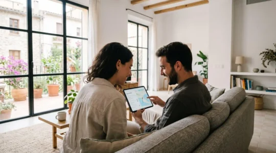 Una pareja joven consulta una tablet sentada en el sofá de un salón contemporáneo con luz natural