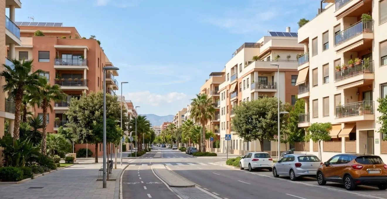Vista de un barrio residencial urbano español contemporáneo con edificios de apartamentos modernos bajo luz natural diurna
