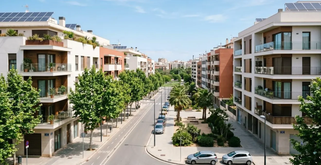Vista de un barrio residencial urbano español contemporáneo con edificios de apartamentos modernos bajo luz natural diurna