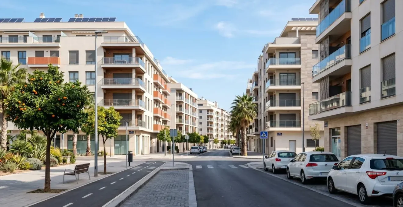 Vista de un barrio residencial urbano español contemporáneo con edificios de apartamentos modernos bajo luz natural diurna